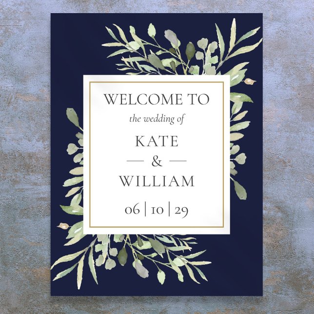 Begrüßungszeichen der grünen Navy Blue Wedding Poster (Greenery Navy Blue Wedding Welcome Sign)