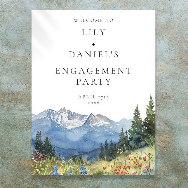 Begrüßungszeichen der Watercolor Mountain Engageme Poster (Watercolor Mountain Engagement Party Welcome Sign)