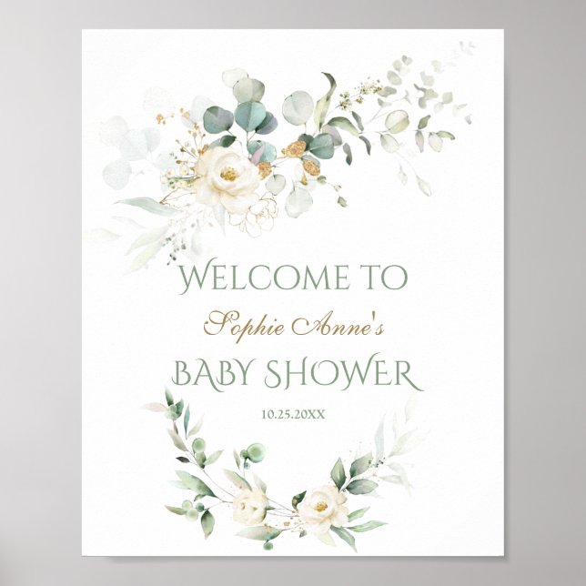 Begrüßungszeichen der weißen Blumengrün Babydusche Poster (Vorne)