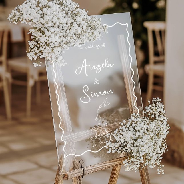 Begrüßungszeichen des Champagner Tower Wavy Acryli Acrylschild (wavy champagne tower acrylic wedding welcome sign with hand drawn illustration, white text)