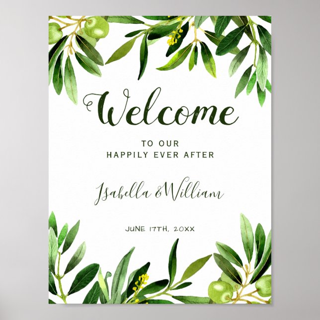 Begrüßungszeichen | Elegant Olive Boho Garden Wedd Poster (Vorne)