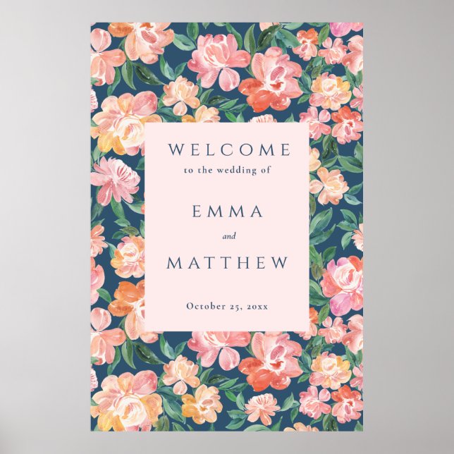 Begrüßungszeichen für Aquarellfarben-Blume in Blue Poster (Vorne)