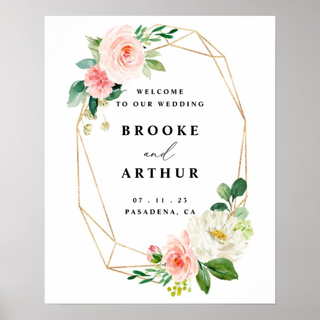 Begrüßungszeichen für Blush und Gold Floral Poster (Vorne)