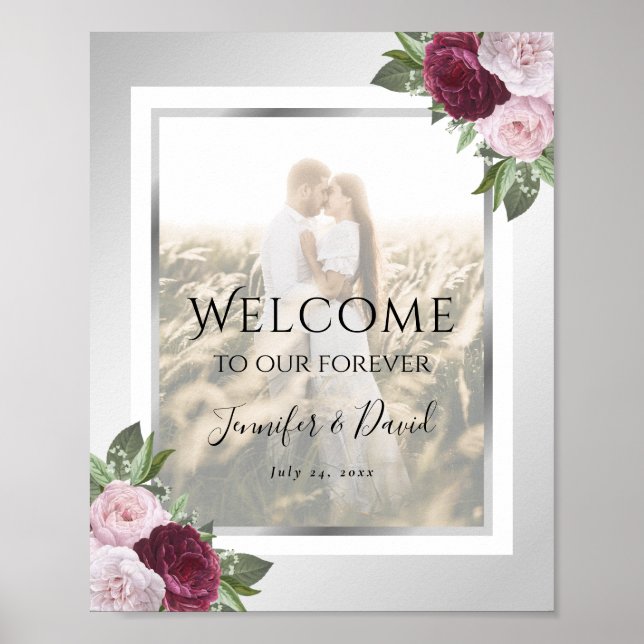 Begrüßungszeichen für Burgund Silver Floral Weddin Poster (Vorne)