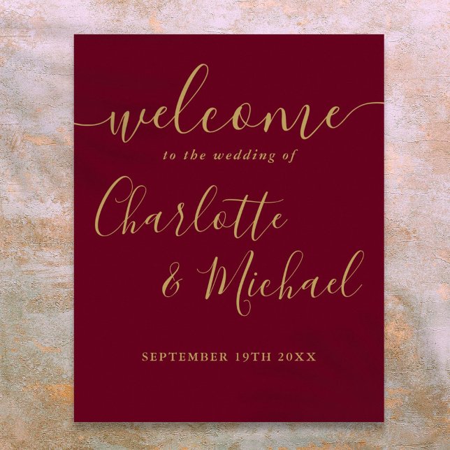 Begrüßungszeichen für Burgund und Gold Script Poster (Burgundy and Gold Script Wedding Welcome Sign)