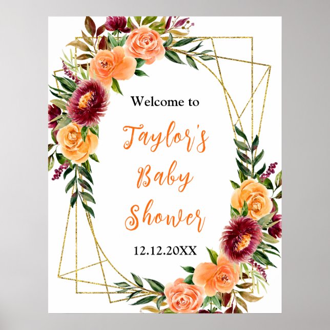 Begrüßungszeichen für Burgundy Orange Floral Baby  Poster (Vorne)