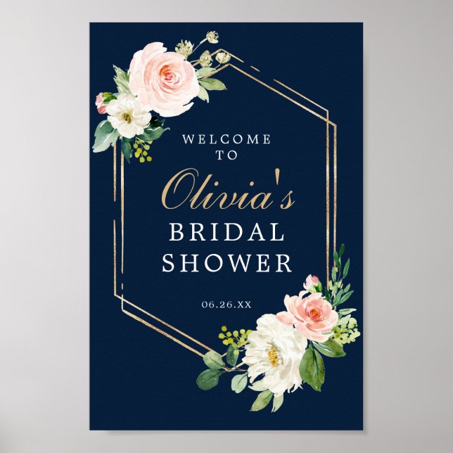 Begrüßungszeichen für das Blue Gold Blush Brautpar Poster (Vorne)