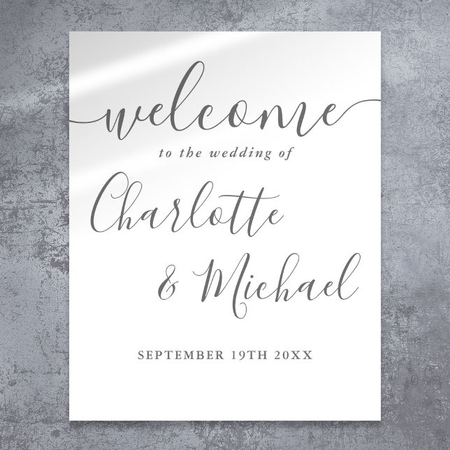 Begrüßungszeichen für graue Signatur Poster (Gray Signature Script Wedding Welcome Sign)