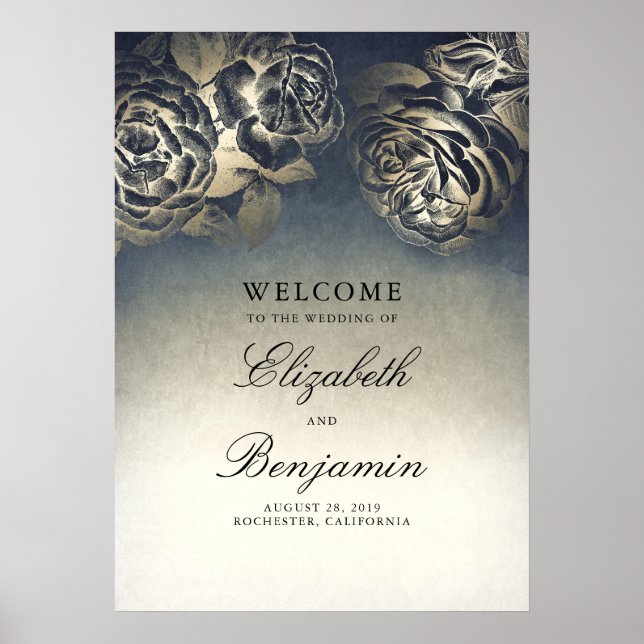 Begrüßungszeichen für Hochzeiten in Blau und Gold Poster (Vorne)