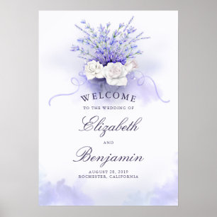 Begrüßungszeichen für Lavendel und Weiße Rosen Poster
