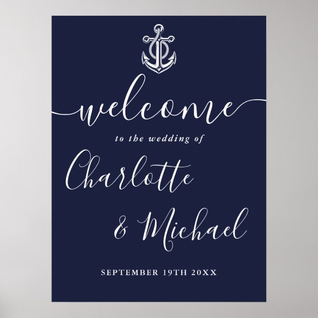 Begrüßungszeichen für Navy Blue Anchor Nautical We Poster (Vorne)