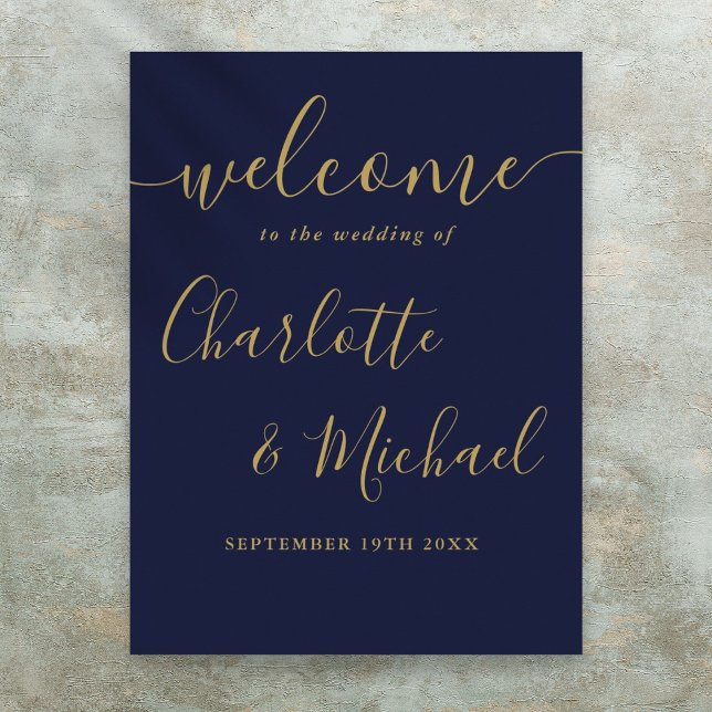 Begrüßungszeichen für Navy Blue und Gold Script Poster (Navy Blue And Gold Script Wedding Welcome Sign)