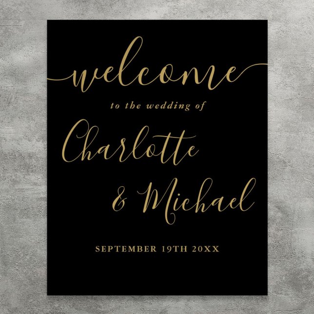 Begrüßungszeichen für Schwarz und Gold Script Poster (Black And Gold Script Wedding Welcome Sign)
