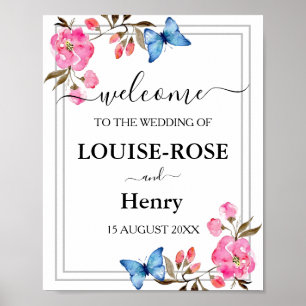 Begrüßungszeichen - rosa Rosenschmetterlinge Poster