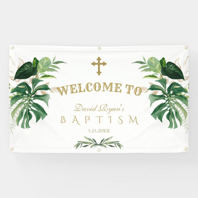 Begrüßungszeichen Tropical Foliage Gold Cross Bapt Banner (Horizontal)