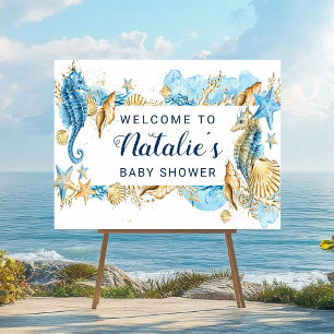 Begrüßungszeichen unter Sea Blue & Gold Baby Dusch Poster