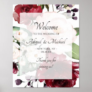 Begrüßungszeichen von Burgund Violet Peach Floral Poster