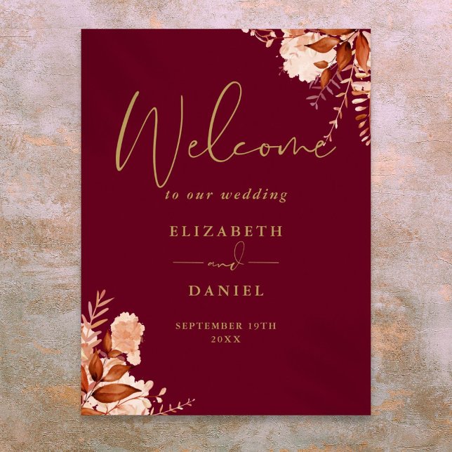 Begrüßungszeichen von Burgundy Gold Rustic Floral  Poster (Burgundy Gold Rustic Floral Wedding Welcome Sign)