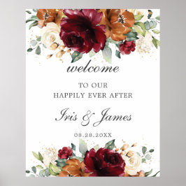 Begrüßungszeichen von Burgundy Orange Ivory Floral Poster