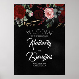 Begrüßungszeichen von Burgundy Red Floral Black Poster