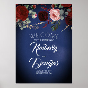 Begrüßungszeichen von Burgundy Red Floral Navy Blu Poster