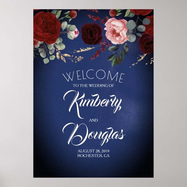 Begrüßungszeichen von Burgundy Red Floral Navy Blu Poster (Vorne)