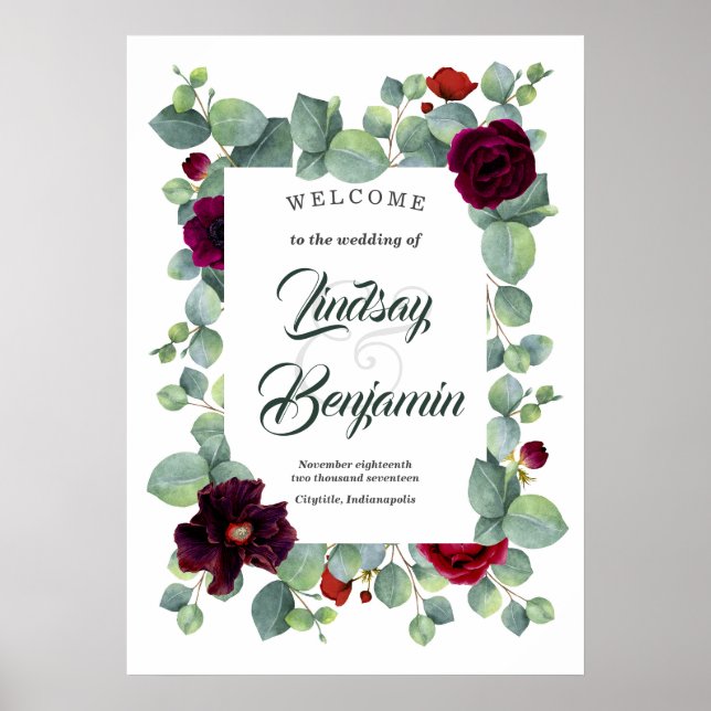 Begrüßungszeichen von Burgundy Red Floral Poster (Vorne)