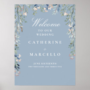 Begrüßungszeichen von Dusty Blue Floral Cascade Poster