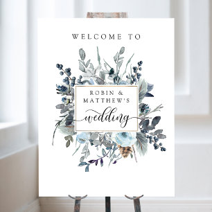 Begrüßungszeichen von Dusty Blue, Navy White Flora Poster