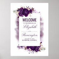 Begrüßungszeichen von Eggplant Lila Blumenhochzeit