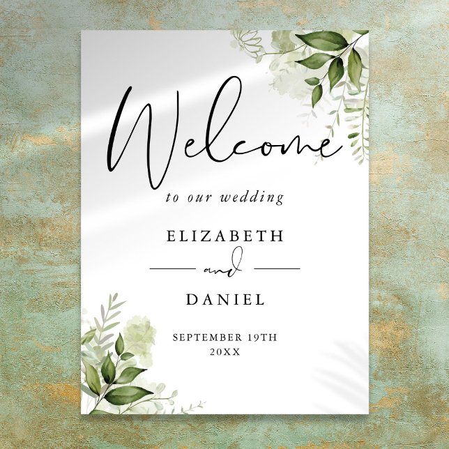 Begrüßungszeichen von Greenery Foliage Poster (Greenery Foliage Wedding Welcome Sign)