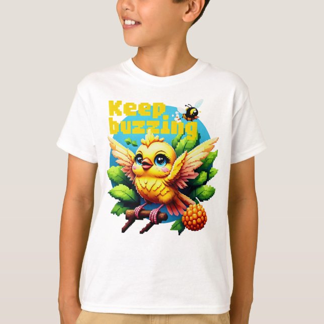 Behalt Buzzing Yellow Bird auf grünen Blätter T-Shirt (Vorderseite)