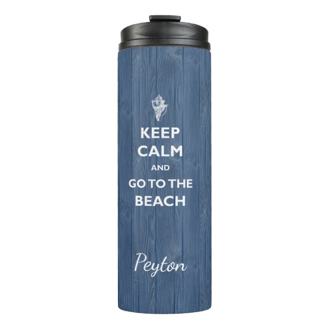 Behalt Calm Beach Muschel Blue Wood Name Therm Tum Thermosbecher (Vorderseite)