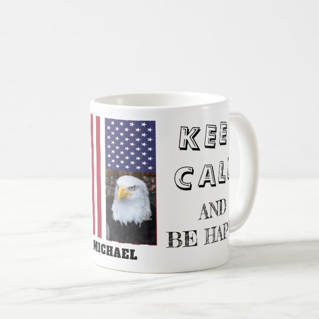 Behalt Calm mit USA Flag & Bald Eagle Foto Kaffeetasse (VorderseiteRechts)