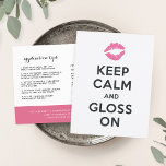 Behalt Calm | Tipps und Tricks für den Lip-Produkt Postkarte<br><div class="desc">Mit diesen niedlichen doppelseitigen Postkarten können Sie Lippenstift-Anwendungstipps und zusätzliche Tipps und Tricks mit Ihren Kunden teilen. An der Vorderseite steht "Ruhe und Glanz behalten", ergänzt durch eine lebendige pinkfarbene Lippenaufzeichnung. Dreh dir zwei Felder für Tipps und Tricks mit vollständig bearbeitbarem Text und drei Zeilen Kontaktdaten am unteren Rand vor....</div>