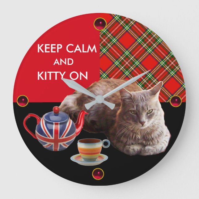 BEHALT CALM UND KITTY AUF "RED TARTAN TEA PARTY" GROßE WANDUHR (Vorderseite)