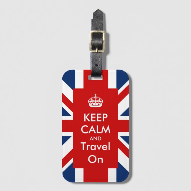 Behalt Calm und Travel on British UK Flag Union Ja Gepäckanhänger (Vorderseite Vertikal)