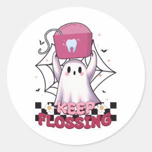 Behalt Flossing Ghost Groovy Dental Hygiene Hallow Runder Aufkleber