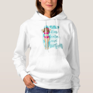 Behalt Ruhe und surfe auf brünettem Mädchen Hoodie