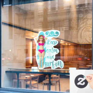 Behalt Ruhe und surfe auf der brünetten Girl Card Fensteraufkleber