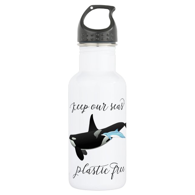 Behalt unseren Meeren Plastikfreie Orca Dolphin Oz Edelstahlflasche (Vorderseite)