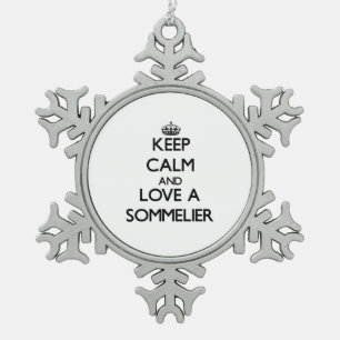 Behalten Sie Ruhe und Liebe ein Sommelier Schneeflocken Zinn-Ornament