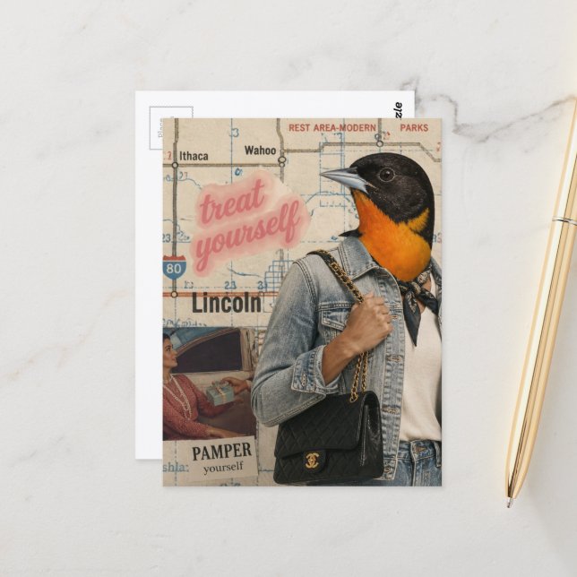 Behandle dich selbst Vogel Collage Postkarte (Vorderseite/Rückseite Beispiel)