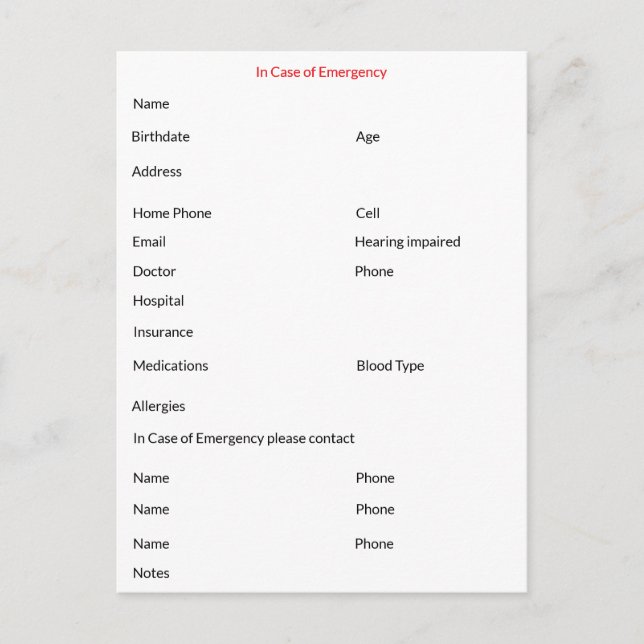 Bei Notfall-Kontaktkarte Postkarte (Vorderseite)