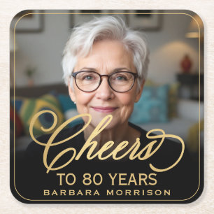 Beifall auf 80 Jahre Geburtstag Foto Gold Black Rechteckiger Pappuntersetzer