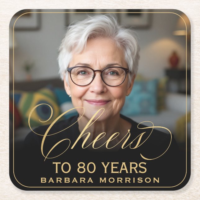 Beifall auf 80 Jahre Geburtstag Foto Gold Black Rechteckiger Pappuntersetzer (Vorderseite)