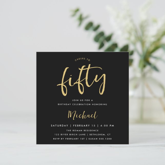 Beifall für die 50 Black Gold Square Einladung (Stehend Vorderseite)
