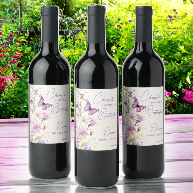 Beifall für ein Leben im Brautparty der Schmetterl Weinetikett (Cheers to a lifetime of butterflies bridal shower wine label personalized tableware favors)