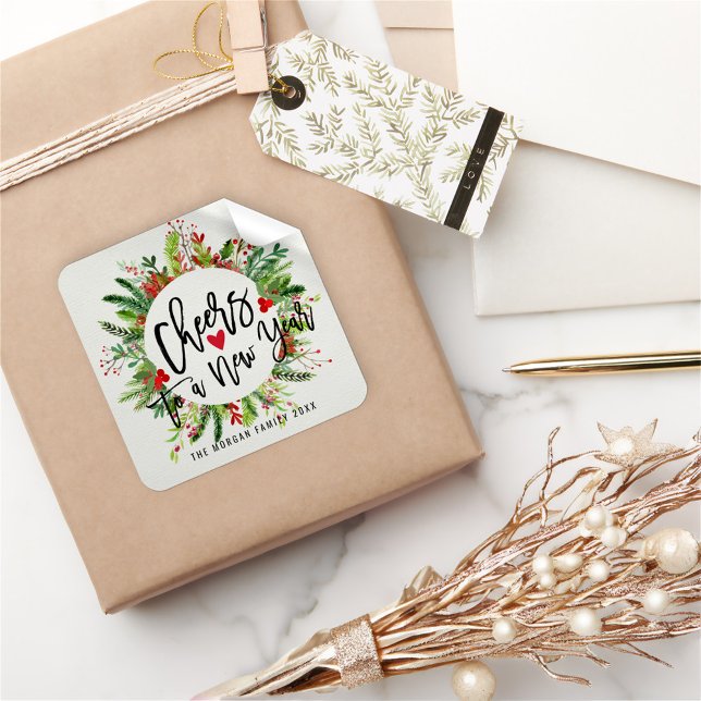 Beifall für einen Neujahrsskript-Holly-Kranz-Gruß Quadratischer Aufkleber (Von Creator hochgeladen)