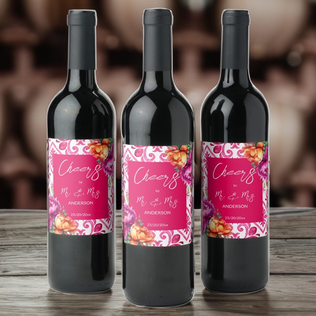 Beifall für mehr und mehr Fuchsia Fliesen Orange-P Weinetikett (Cheers to mr and mrs fuchsia tiles orange peonies wine label personalized wedding wine labels favors)